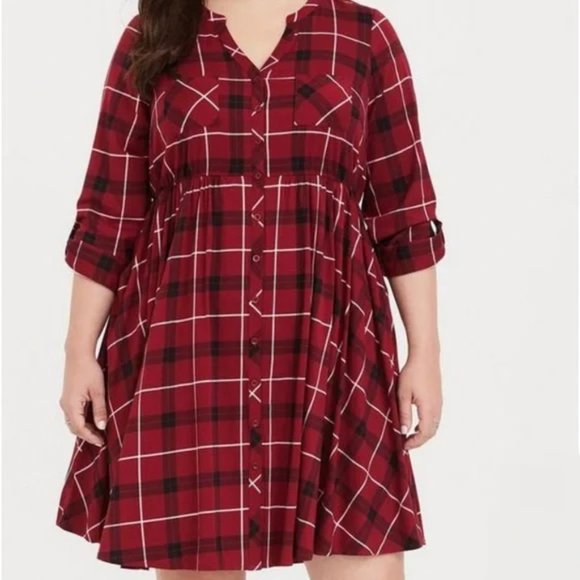 TORRID Red & Black Plaid Mini Challis Shirt Dress - Picture 3 of 16